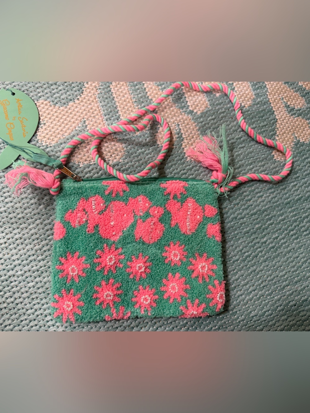 Antica Sartoria Green and Pink Fish FloralPearl Beaded Crossbody Bag